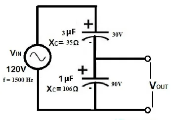 Capacitive AC Voltage Divider Circuit Example